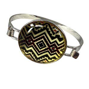 Geometric Aztec Pattern Glass Dome Silver-Tone Bracelet Women Fashion Jewelry
